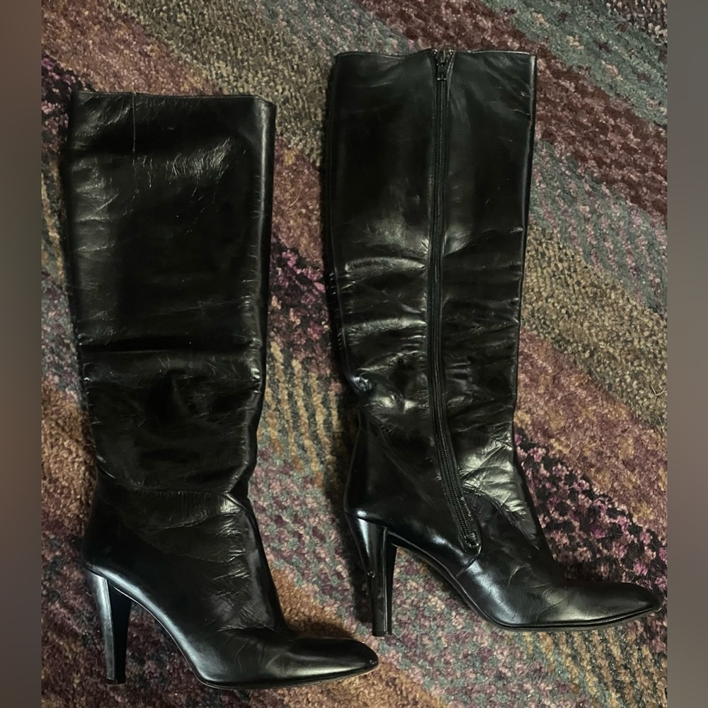 Vintage Charles Jourdan Black Leather High Heel Knee Boots